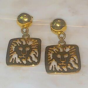 ANNE KLIEN EARRINGS LION GOLD CLIP DROP SQUARE VINTAGE